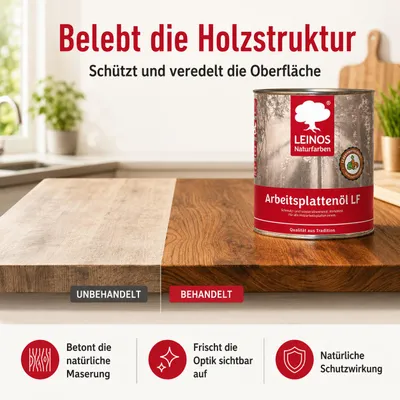 Produktbild von LEINOS Arbeitsplattenöl LF 0,75 l – Arbeitsplattenöl LF innen, abriebfest, KI-generiertes Bild
