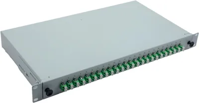 Produktbild von helos LWL 19" Spleissbox 24 x LC/APC Duplex OS2, spleißfertig, grau