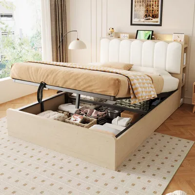 Immagine prodotto di Letto matrimoniale in legno imbottito, 140x200 cm, con testiera dotata di porta USB e luce notturna a LED, letto con sistema di sollevamento idraulico e spazio contenitore, testiera imbottita, colore naturale
