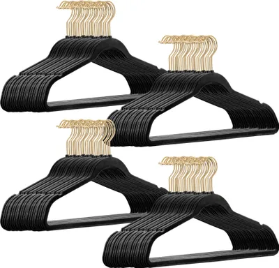 Produktbild von 100 Stück hochwertige Samt Kleiderbügel in der Farbe Schwarz mit Gold Look Haken / Anti-Rutsch / von StickandShine