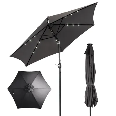Immagine prodotto di Ombrellone FCH, 266 cm di altezza, con illuminazione a LED solare, ombrellone da giardino da 9 piedi con manovella e inclinazione, protezione solare UPF 50+ impermeabile, ideale per giardino e terrazza, colore grigio