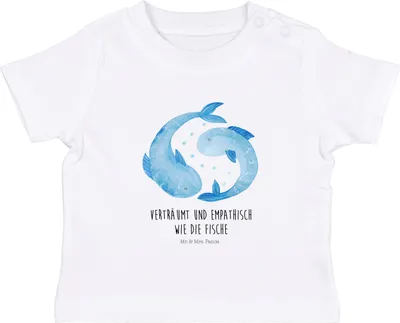 Produktbild von Mr. & Mrs. Panda Babyshirt Sternzeichen Fische 12. - 18. Monat - Weiß - Geschenk, T-Shirt, Öko Baby, Kurzarmshirt, Kinder Shirt, Geburtstag Februar, Fisch, Sternbild
