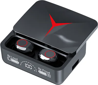 A pair of black wireless earbuds in their charging case, with the lid open.