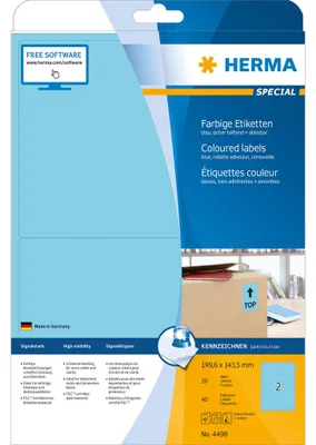 Zdjęcie produktu dla HERMA 4498, Niebieski, Samoprzylepne etykiety do drukowania, A4, Papier, Laser/Atrament, Wyjmowana