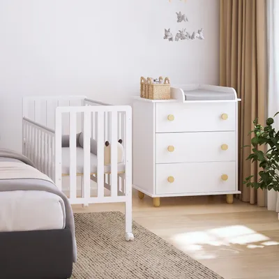 Produktbild von ZEE BAMBI Weiß Set Beistellbett Baby mit Rollen + Wickelkommode 3-fach höhenverstellbar Kinder Bett mit Absenkbarer Seite Gitterbett & Kommode