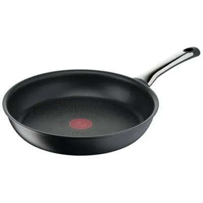 A black frying pan with a silver handle is shown against a white background.