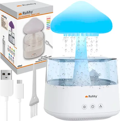 A collage showing a mushroom-shaped humidifier and night lamp, its packaging, and included accessories.