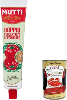 Produktbild von 3x Mutti Doppio Concentrato di Pomodoro, Doppeltes Tomatenkonzentrat,100% Italienische Tomate,130g Tube + Italian Gourmet Polpa di Pomodoro 400g Dose