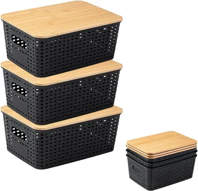 Produktbild von Aufbewahrungsboxen mit Bambusdeckel, Kunststoff, 3 Stück, stapelbar, für Küche und Bad