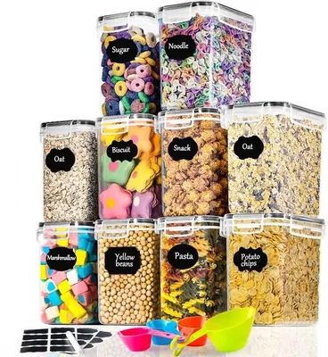 Obrázok produktu pre Sada 10 vzduchotesných nádob Unyqoos® – objem 1,6 l, plast bez BPA, vhodné na skladovanie, odolné voči moliam, s nálepkami, 5 farieb