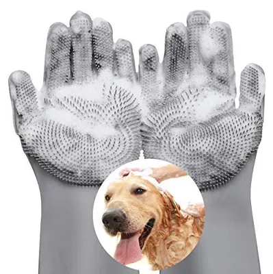 Produktbild von Weiche und magische Fellpflege-Handschuhe für Haustiere, effektiver Entwirrungshandschuh für Hunde und Katzen mit langem und kurzem Fell, Shampoo-Handschuhe für die Badewanne – Grau