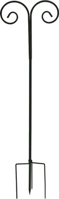 A black metal garden hook stand with a three-pronged base and two curved hooks at the top.
