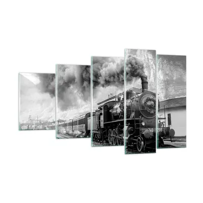 Produktbild von Bilder auf glas - 5 Teile - Zug Schwarzweiß Rauch - 100x60cm - Glasbilder - Wandbilder - Bilder - zum Aufhängen bereit - Wanddekoration aus Glas - Glas Bilder - Wandbild auf Glas - GEG100x60-4315