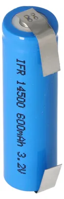 Produktbild von 3,2 Volt Solar Akku Lithium IFR 14500 AA 600mAh LiFePo4 Akku mit Kopf ungeschützt 14,2 x 50,6mm, mit Lötfahnen in U-Form