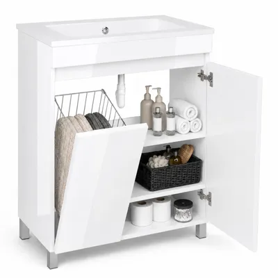 Produktbild von Badezimmerschrank RIBERA mit Keramik Waschbecken und Wäschekorb Weiß Hochglanz MDF Acryl, feuchtigkeits und kratzfest stehend oder hängend, KI-generiertes Bild