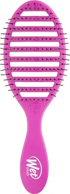 A pink hairbrush with a vented head and a handle with the "Wet Brush" logo.