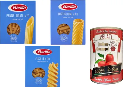 Produktbild von TESTPAKET Barilla Pasta 1x Penne rigate 1x Tortiglioni 1x Fusilli ( 3 x 500g ) + 1x Italian Gourmet 100% italienische geschälte Tomaten dosen 400g