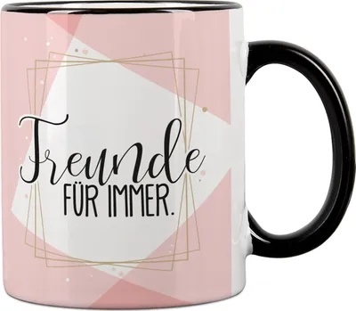 Produktbild von Tasse für Freunde mit Aufdruck "Freunde für immer" - Freundschaftstasse aus Keramik mit schwarzem Henkel & Rand