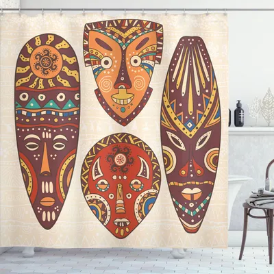 Obrázok produktu pre ABAKUHAUS Tiki Bar Sprchový záves, masky kmeňov znázorňujúce emócie duchov a zvierat ako digitálna tlač, 175 x 200 cm, viacfarebný