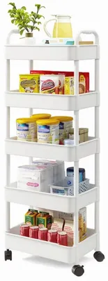 Productafbeelding van Organisator op wielen met 5 niveaus – Mobiel opbergsysteem met wielen – Geschikt voor badkamer, keuken en wasruimte – Metaal/kunststof – Wit