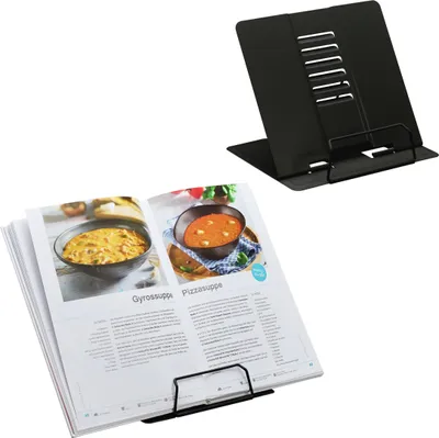 Produktbild von Relaxdays Buchständer, 2er Set, Leseständer 6-fach höhenverstellbar, Kochbuchhalter mit Klemme, Küche, Stahl, schwarz