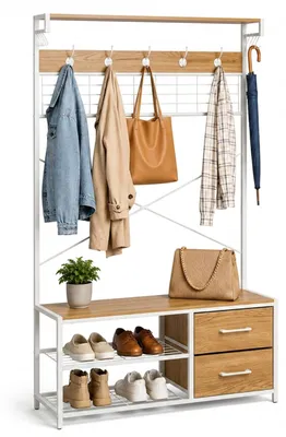 Produktbild von Relaxdays Garderobenständer, Schuhregal, Haken, 2 Schubladen & Ablagen, HxBxT: 176 x 80 x 30 cm, Garderobe, natur/weiß, KI-generiertes Bild