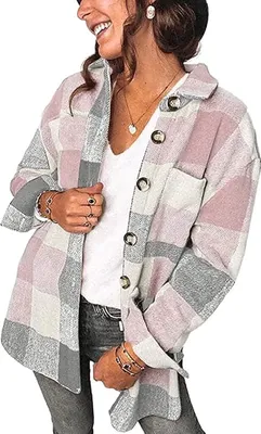Produktbild von ASKSA Damen Plaid Knöpfe Shirts Flanell Farbblock Oberteile, Rosa, M