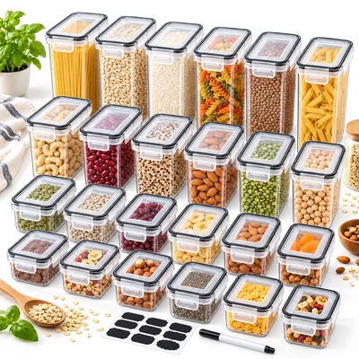 Produktbild von Relaxdays Vorratsdosen, 24er Set, 4 Größen, luftdicht, Deckel mit Klickverschluss, Etiketten, Kunststoff, transparent, KI-generiertes Bild
