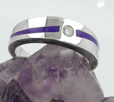Produktbild von Gr. 54 - Ring 6mm lila Lackeinlage Zirkonia weiß glänzend rhodiniert Silber 925 Ringgröße 54