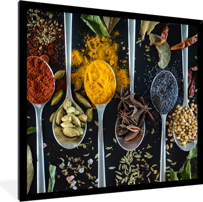 Produktbild von MuchoWow® Gerahmtes Poster Löffel - Gewürze - Lebensmittel - Tisch 40x40 cm - Poster mit Schwarzem Bilderrahmen Wandposter Rahmen Foto Bilder - Mit Rahmen - Wanddekoration Schlafzimmer