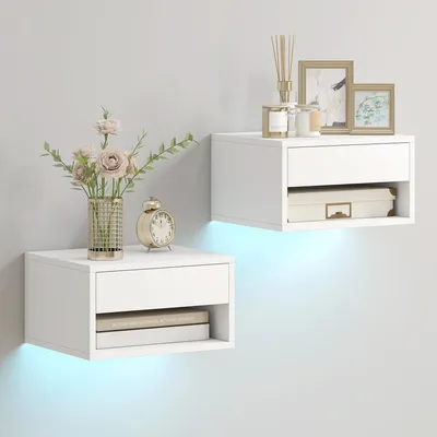 Obrázek produktu pro HOMCOM Noční stolek, závěsný, sada 2 kusů, s RGB LED osvětlením, 37 cm, bílý