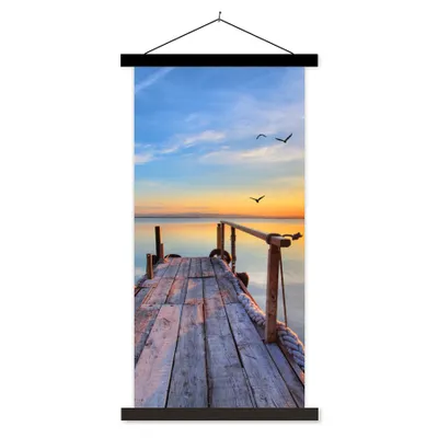 Obrázek produktu pro MuchoWow® Textilní plakát - Voda - Molo - Ptáci - Západ slunce - Horizont - 90x180cm - S černými lamelami