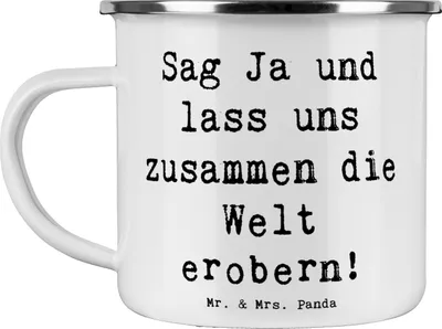 Produktbild von Mr. & Mrs. Panda Emaille Tasse Spruch Heiratsantrag Abenteuer - Weiß - Geschenk, Heiraten, becher, Liebesmoment, persönlicher Antrag, Pott, Geschenke, Teetasse, Heirat