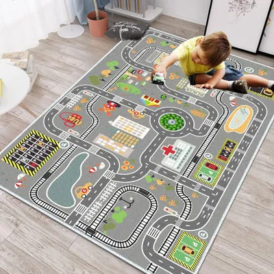 Image de Tapis de jeu pour enfants - Circuit de course, antidérapant et lavable, 80 x 120 cm
