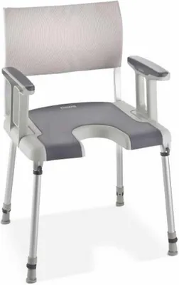 A shower chair with armrests and a U-shaped cutout for hygiene.