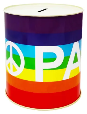 Sparbüchse aus Blech, Regenbogen-Friedensmotiv, 13 x 11 cm