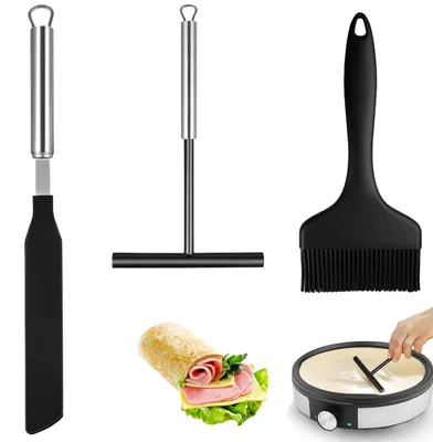 Produktbild von 3-teiliges Crêpe-Set aus Edelstahl 304 und Silikon, bestehend aus einem T-förmigen Teigverteiler, einem Spatel und einem Backpinsel.