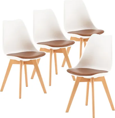 Produktbild von HJ_WeDoo 4er Set Esszimmerstühle mit Massivholz Buche Bein, Skandinavisch Design Gepolsterter Küchenstühle Stuhl Küche Holz, Weiß & Rauchrosa
