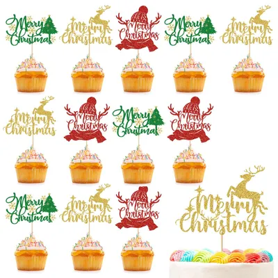 Weihnachts-Taarttopper-Set, 25 Stück, Glitzer, Papier