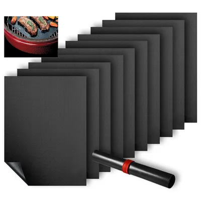 Produktbild von Grillmatten 10er Set – 33x40 cm BBQ Mat aus Teflon – Wiederverwendbar, Antihaft & Zuschneidbar – Dauerbackfolie für Gasgrill, Elektrogrill & Ofen