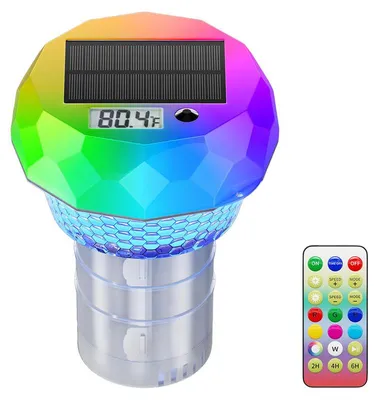 Produktbild von Digitales Solar Poolthermometer, schwimmendes Wasserthermometer mit Display, Timer und LED Lichteffekten, IP68