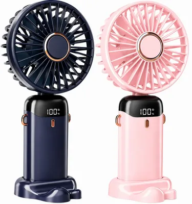 Produktbild von 2er Mini Handventilator,USB-Handyhalter-Lüfter Tragbarer,5 Geschwindigkeitsstufen,3200mAh Akku,90° Faltbarer,LED-Display,12H-laufzeiten,Leise