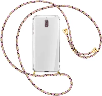 Produktbild von Handykette Backcover-Schutzhülle mit Band (Metall goldfarben) für Nokia 3.1 - rosa Karo