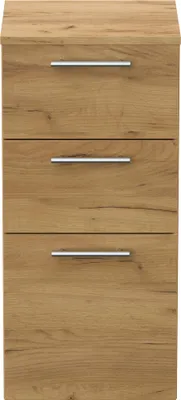 A tall, narrow cabinet with three drawers, made of wood-look material with silver handles, presented against a white background.