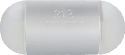 A product shot of a silver and white cylindrical perfume bottle.