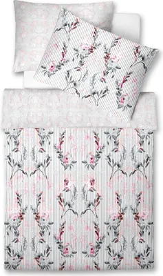 Produktbild von Fleuresse Mako-Satin Bettwäsche 155x220 Wende Streifen Blumen grau rot 113832-4