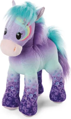 A plush toy pony with a rainbow design on its face and colorful mane and tail, standing on a white background.