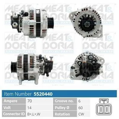 Produktbild von MEAT & DORIA 5520440 Lichtmaschine Generator LiMa 70A 14V für OPEL Corsa C Schrägheck (X01) Meriva A (X03) Astra G CC (T98) Astra G Caravan (T98)