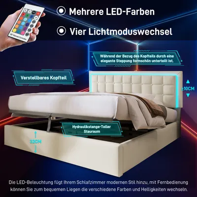 Produktbild von MODFU Boxspringbett Polsterbett Hydraulisches 140x200cm mit Bettkasten und Lattenrost, inkl. LED-Beleuchtungsleiste, Doppelbett Stauraumbett Funktionsbett aus Kunstleder, Weiß(Ohne Matratze)