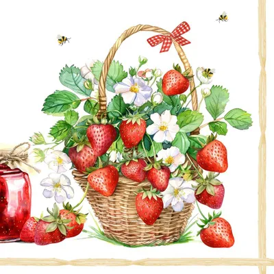 Image de Serviettes 33x33 cm - Fraises dans une Corbeille